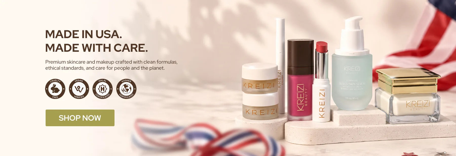 Made in USA. Made with care. Kreizi Beauty skincare and makeup