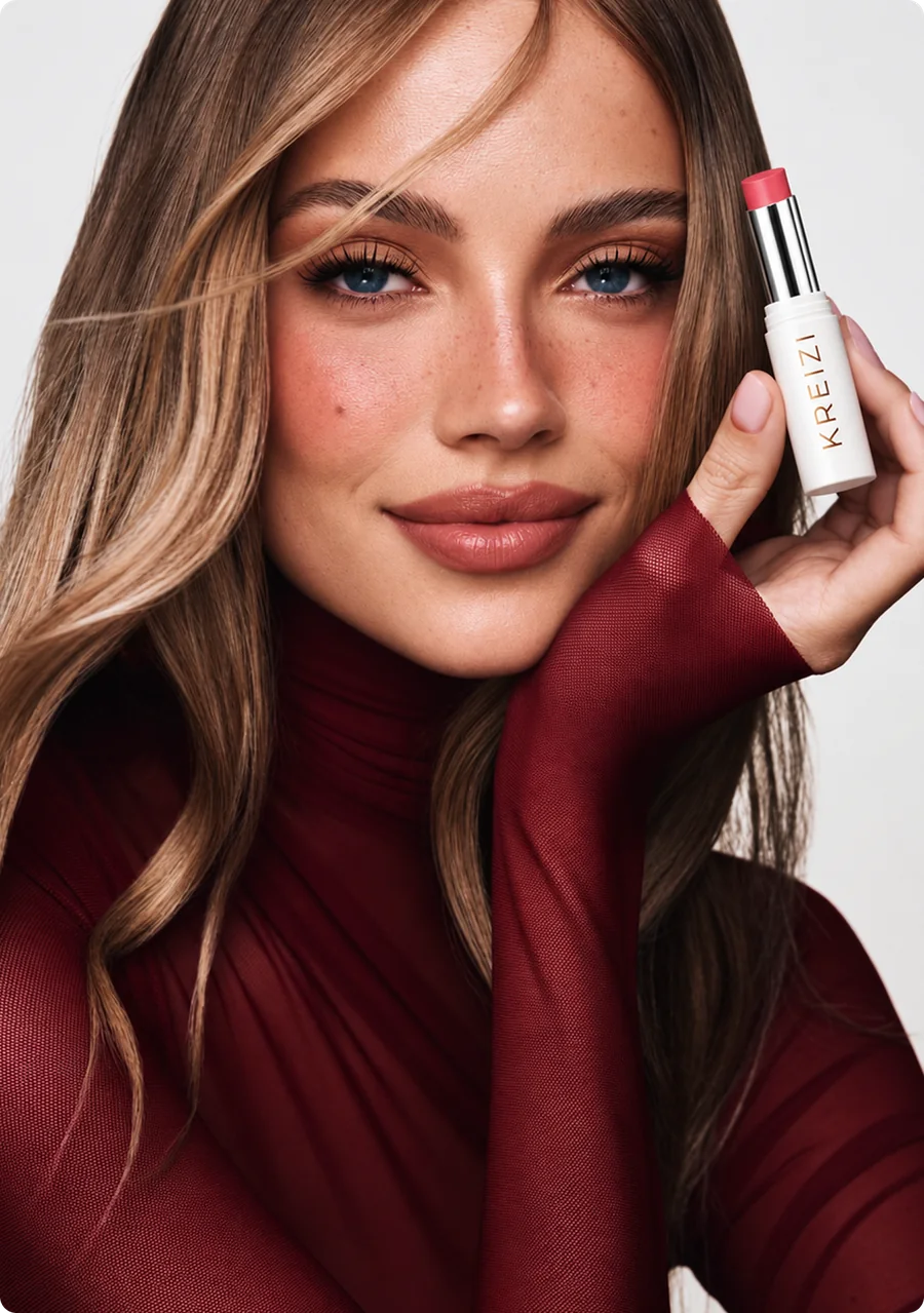 Model holding a Kreizi lipstick